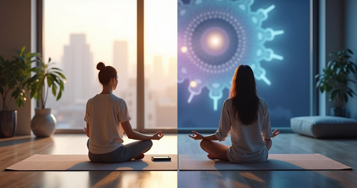 Comparação visual entre meditação mindfulness e transcendental em um cenário equilibrado 