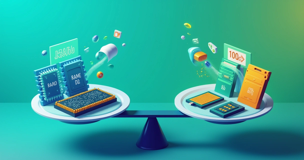 Comparação visual entre memória volátil e não volátil, mostrando RAM e memória flash com dados permanentes.