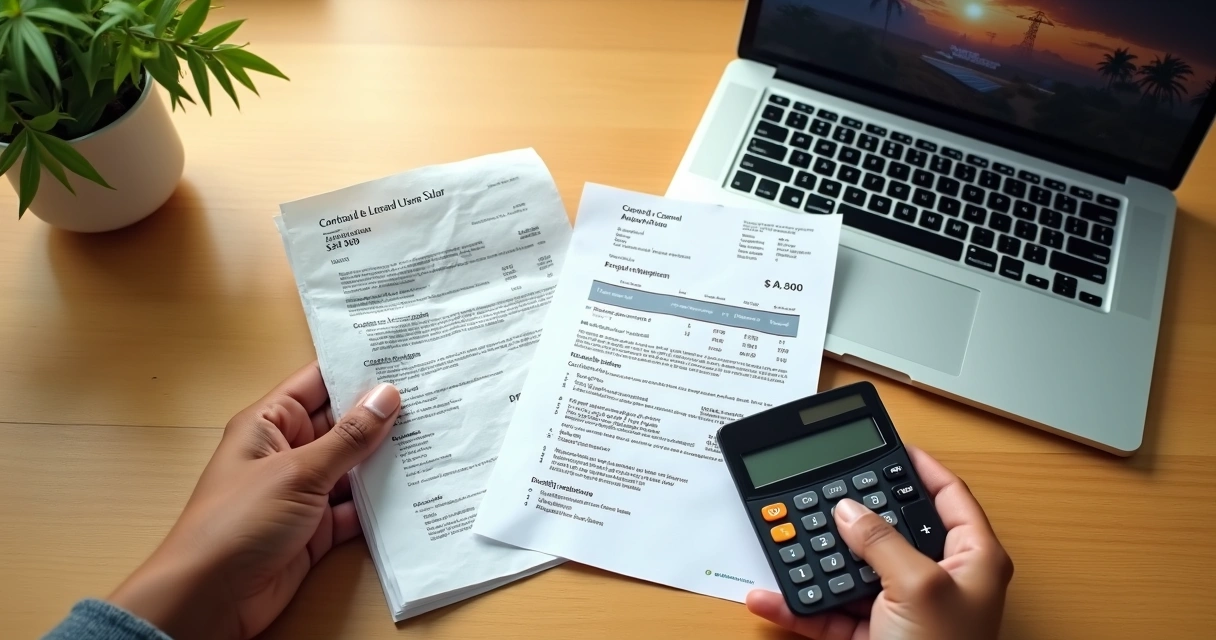 Mão segurando contrato de mensalidade solar ao lado de conta de luz sobre mesa 
