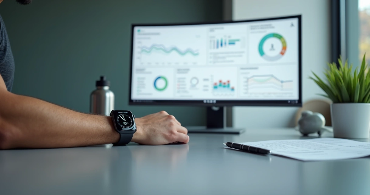 Comparativo visual entre smartwatch de treino e painel clínico nutricional em fundo neutro 