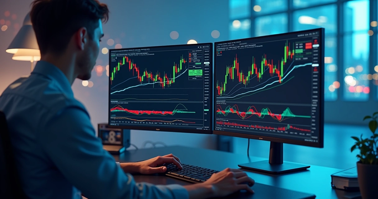 Tela dividida mostrando MetaTrader à esquerda com gráficos financeiros e código, e TradingView à direita com interface gráfica colorida e múltiplos indicadores 