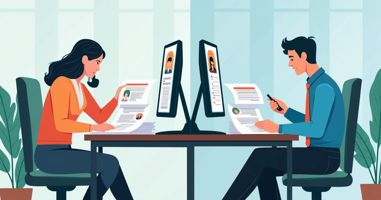 Painel dividido mostrando recrutamento manual e digital lado a lado 