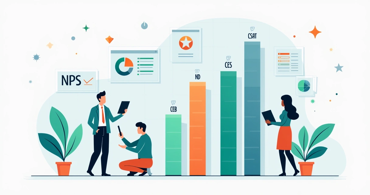 Ilustração corporativa plana mostrando comparação entre NPS, CSAT e CES com gráficos e ícones de avaliação 