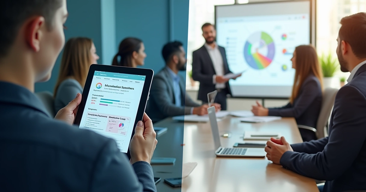 Divisão em duas partes mostrando microlearning em tela digital e treinamento tradicional em sala de aula corporativa 