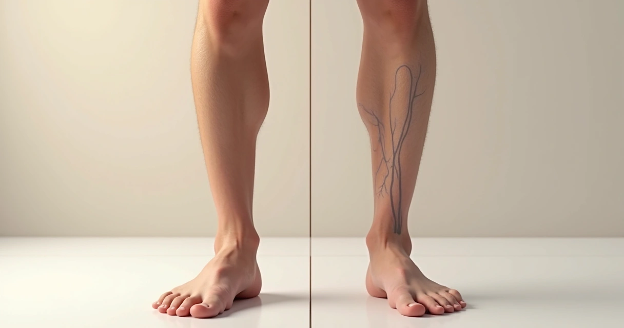 Comparação em close de perna com microvarizes e perna com varizes evidentes 