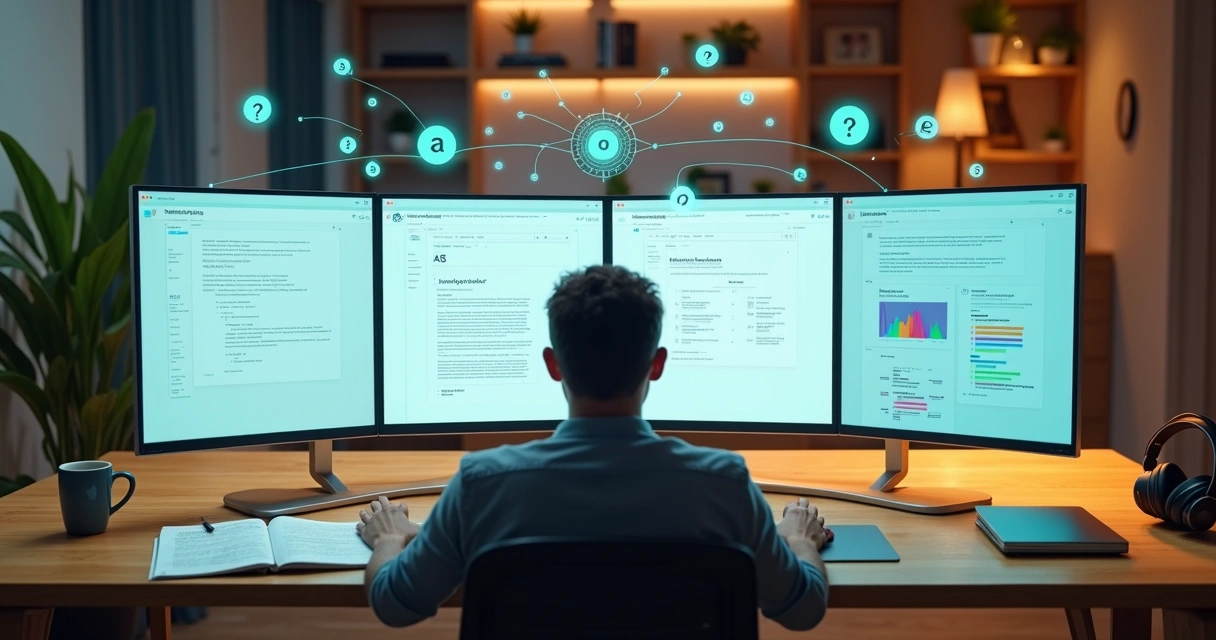 Usuário em mesa de coworking comparando diferentes modelos de inteligência artificial na mesma tela 