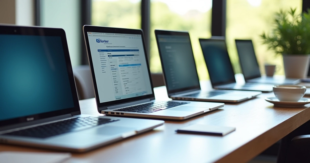 Comparação entre diferentes notebooks abertos em mesa de advogado 