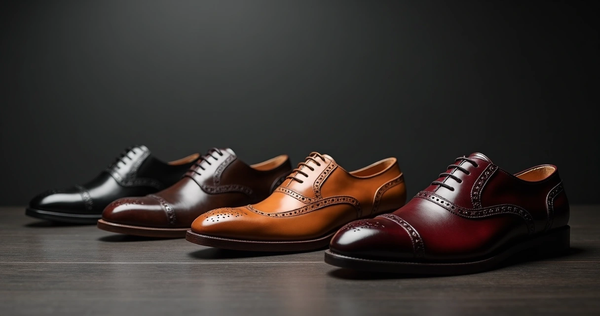 Quatro modelos de sapato social masculino dispostos lado a lado em fundo escuro elegante 