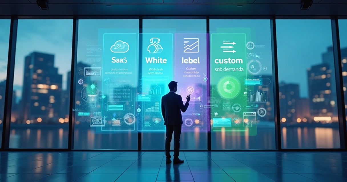 Executivo comparando opções de software SaaS white label e sob demanda em painel digital 