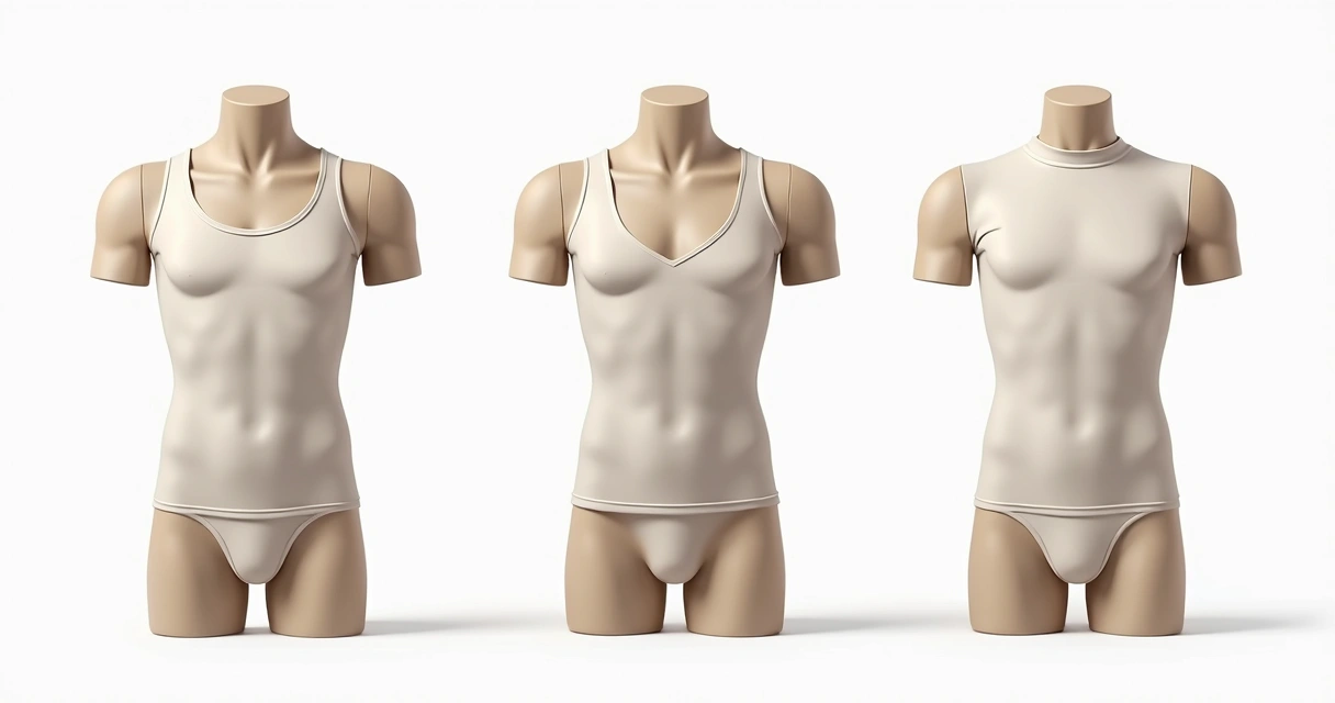 Três tipos de undershirt masculina lado a lado: regata, gola V e gola alta