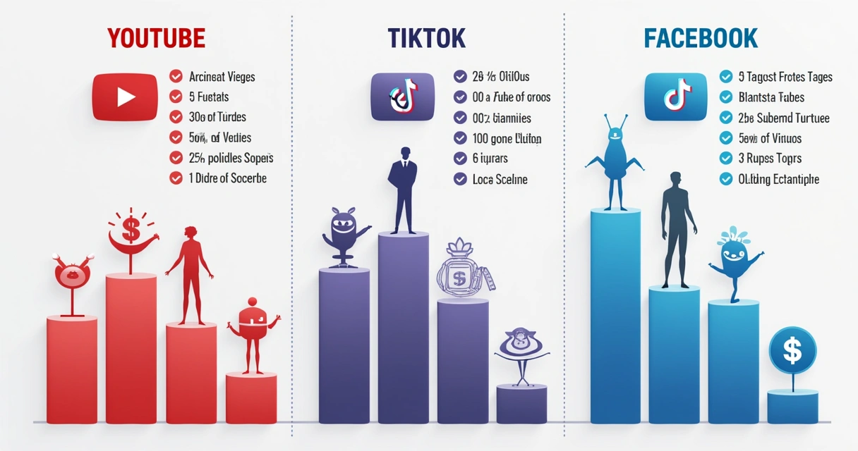 Comparação plataformas YouTube, TikTok e Facebook para monetização 