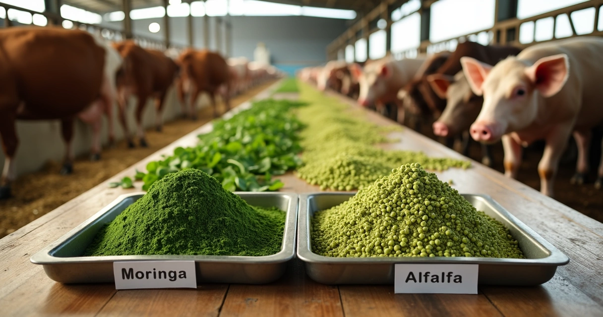Comparação de moringa e alfafa em ração para gado e suínos 
