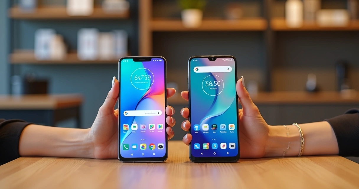 Mulher segurando dois smartphones Motorola lado a lado em bancada de madeira clara 