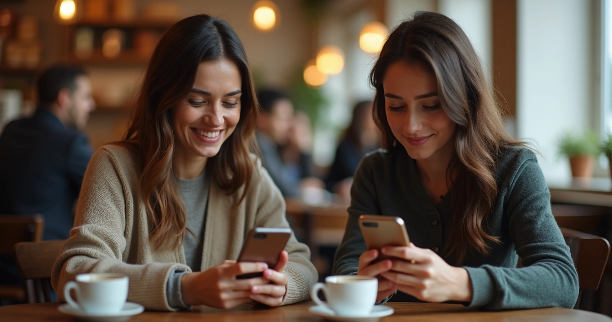Duas pessoas olhando para celulares com diferentes expressões 