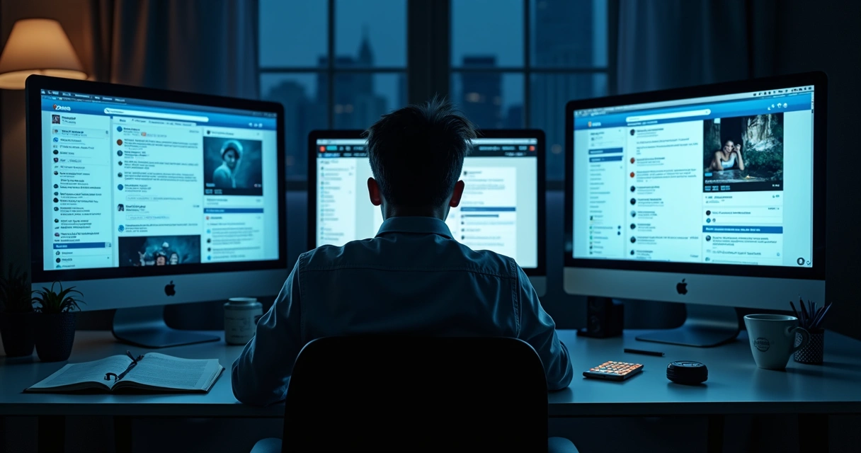 Pessoa olhando duas telas com redes sociais e expressão de tensão
