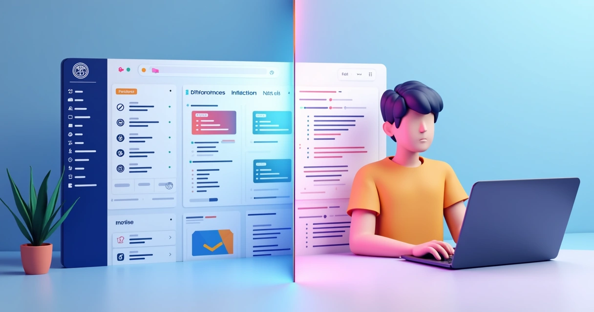 Divisão visual mostrando o painel WordPress de um lado e código Next.js do outro lado. 