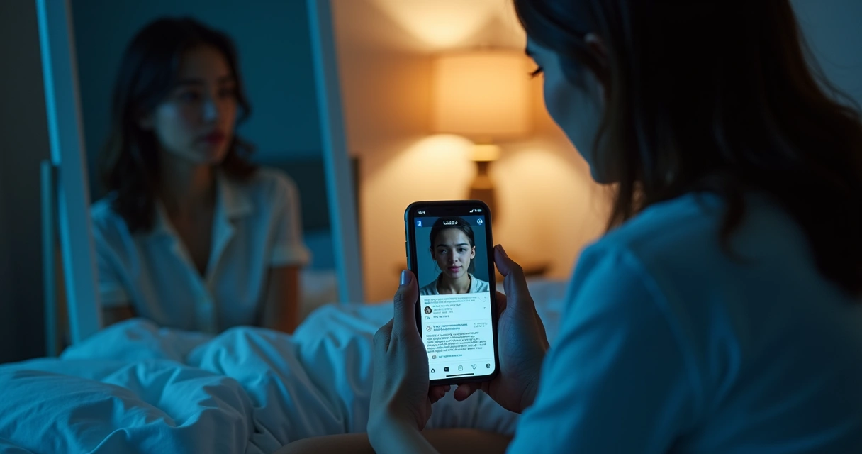 Pessoa olhando o celular diante de espelho dividido