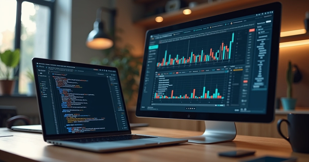 Mesa de trabalho com laptop aberto mostrando código e tela com interface no-code lado a lado 