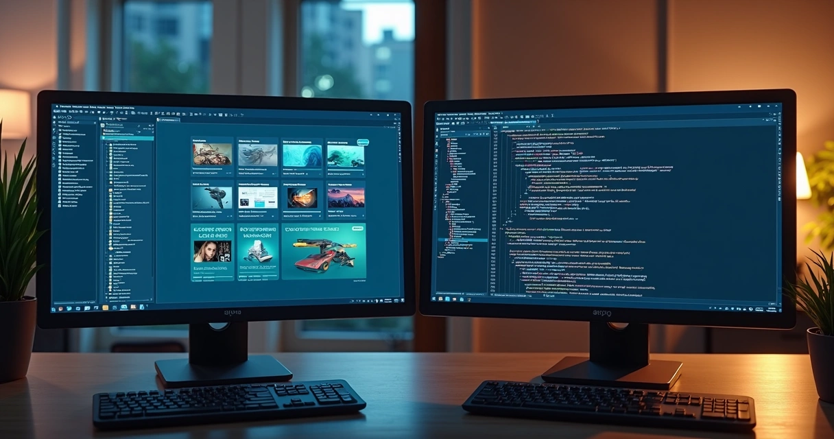 Duas telas com interfaces comparando ferramentas no-code e low-code lado a lado 