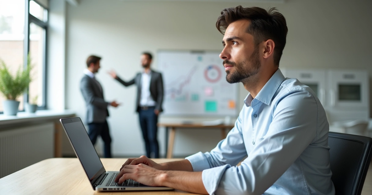 Profissional em escritório olhando colegas e refletindo sobre comparação no trabalho 