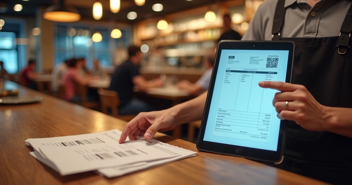 Gestor de restaurante comparando documentos fiscais em mesa de atendimento 