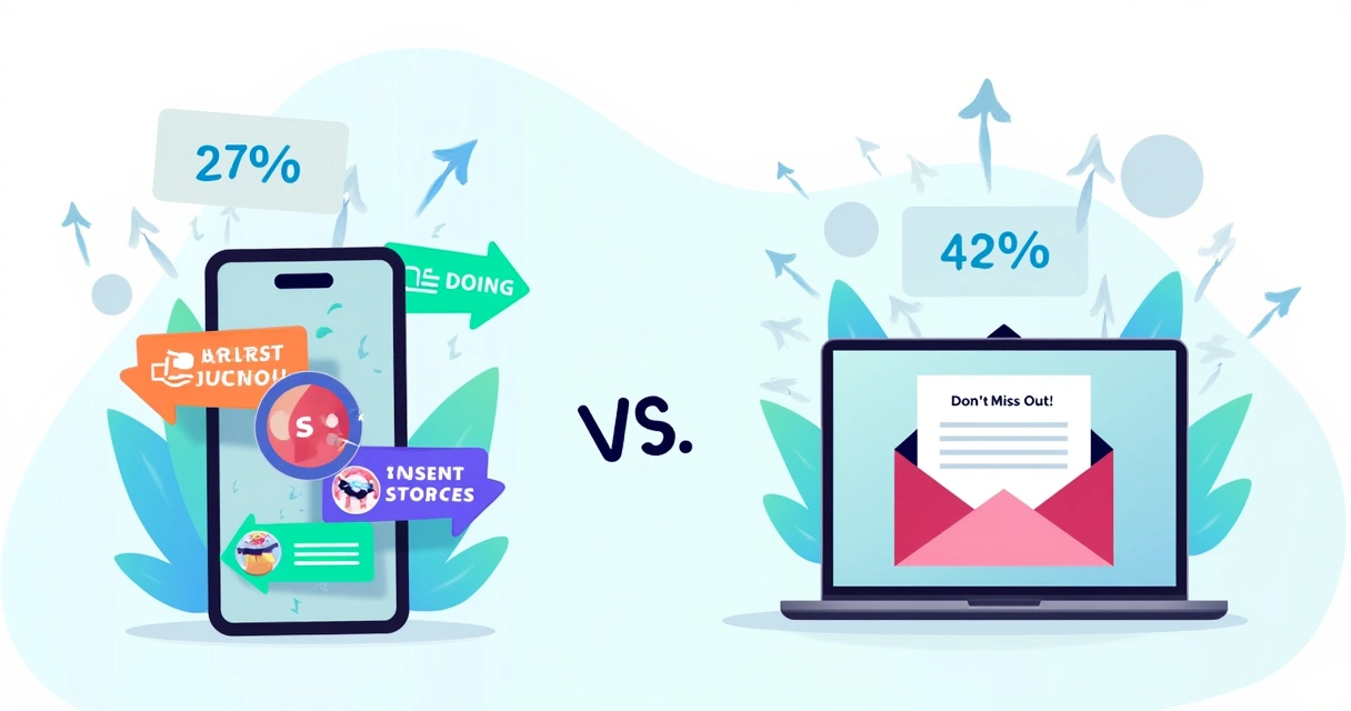 Comparação entre notificações push vibrantes e e-mail marketing mais monótono, com telas de smartphone e computação.