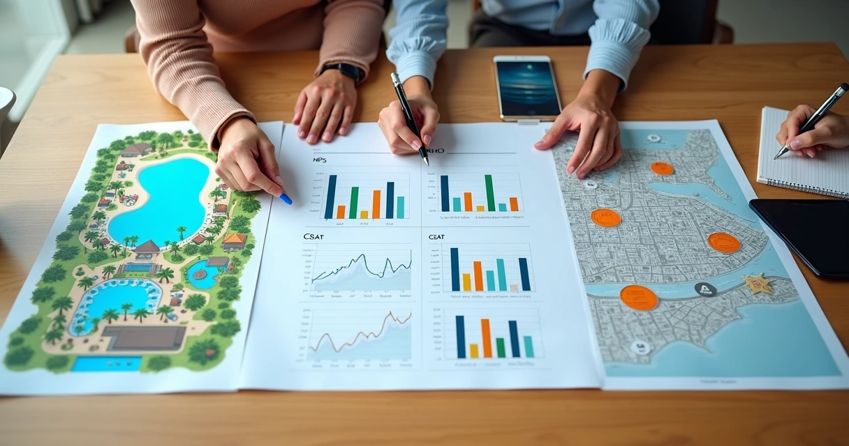Mesa com mapa de resort e cidade e gráficos de nps e csat lado a lado 