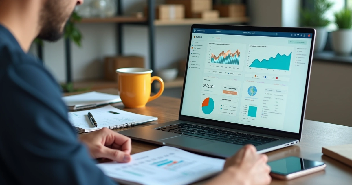 Empreendedora analisa comparação entre duas plataformas de e-commerce no notebook 