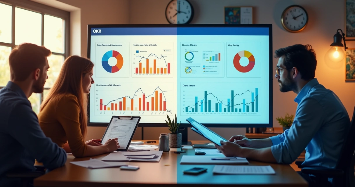 Gráfico comparativo entre OKRs e metas tradicionais com elementos empresariais ao fundo 