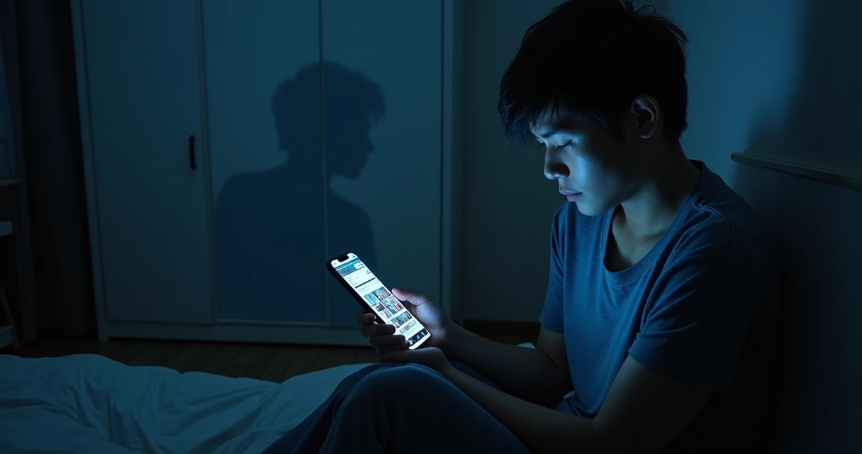 Pessoa olha para tela com redes sociais refletida em silencioso quarto escuro 