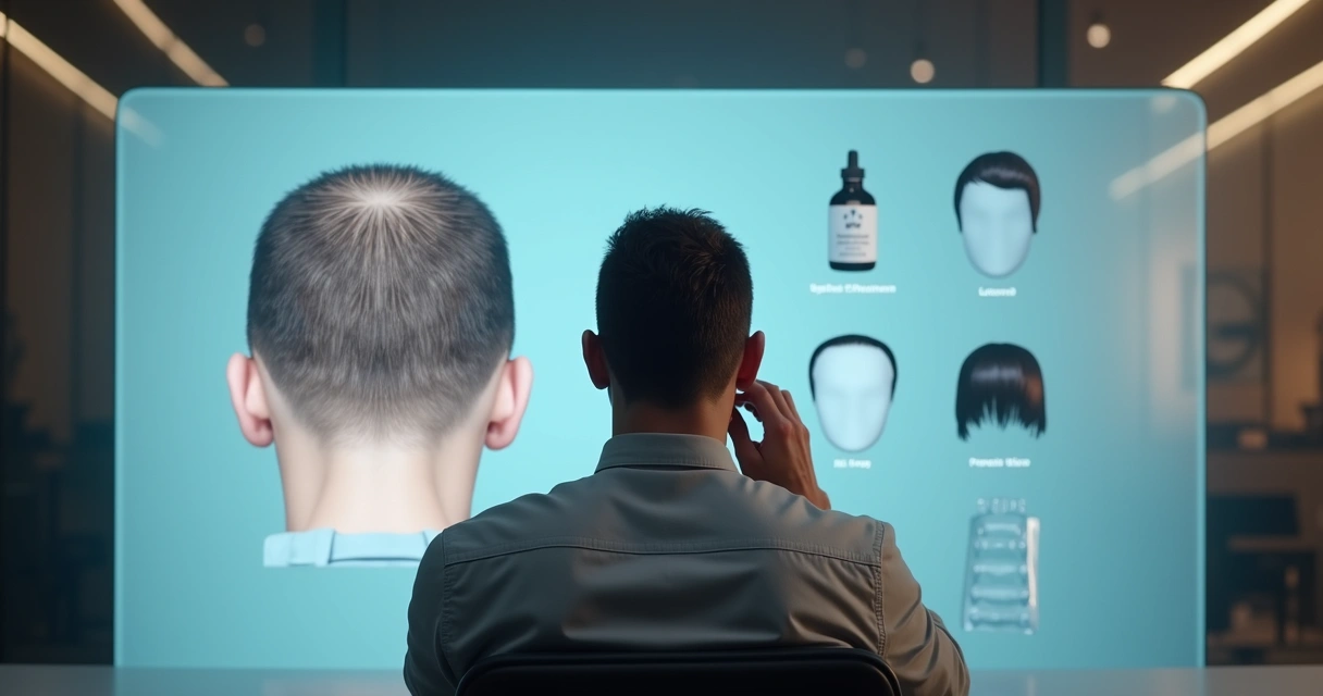 Homem observa comparação visual entre implante capilar e outras opções de tratamento para queda de cabelo 