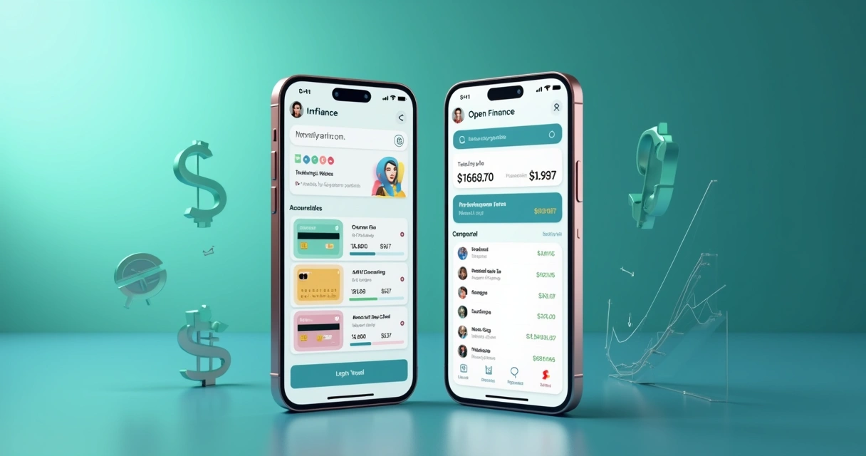 Tela de smartphone exibindo comparação entre Open Finance e internet banking com gráficos e ícones financeiros 