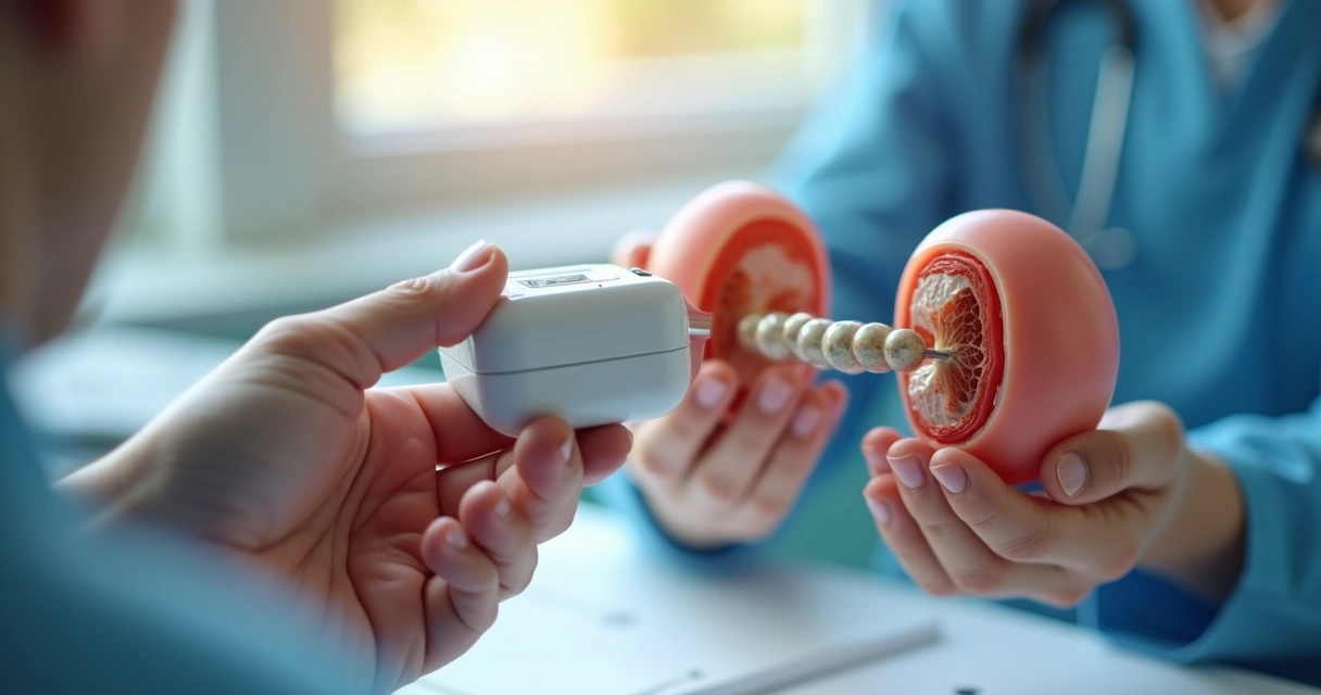 Médico utilizando orquidômetro para comparar volume testicular de paciente 