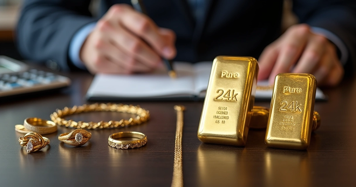 Joias de ouro 18k ao lado de barras de ouro 24k sobre mesa de avaliação 
