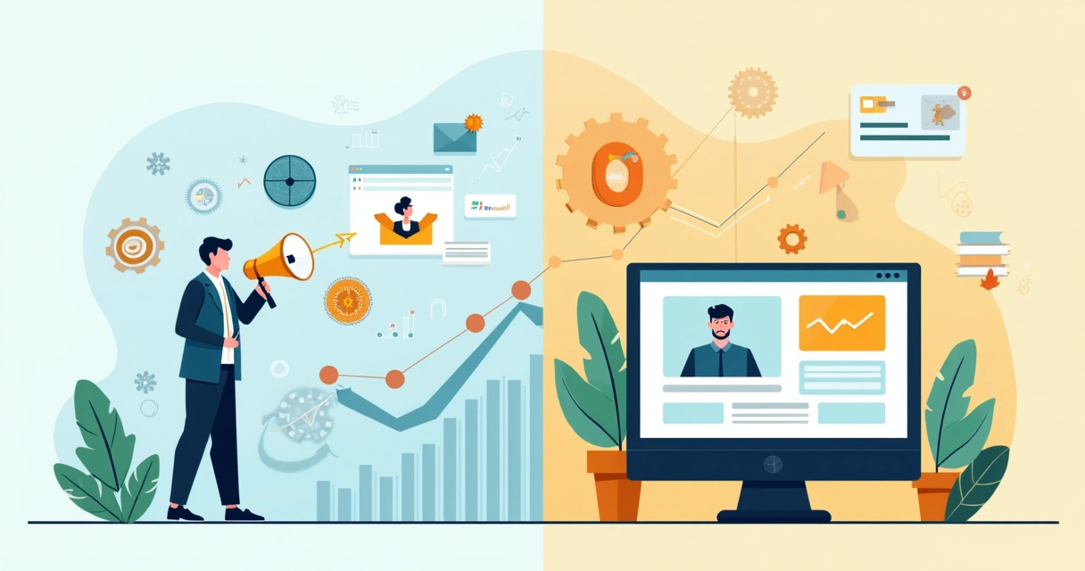 Ilustração corporativa mostrando comparação entre estratégias outbound e inbound em vendas B2B 