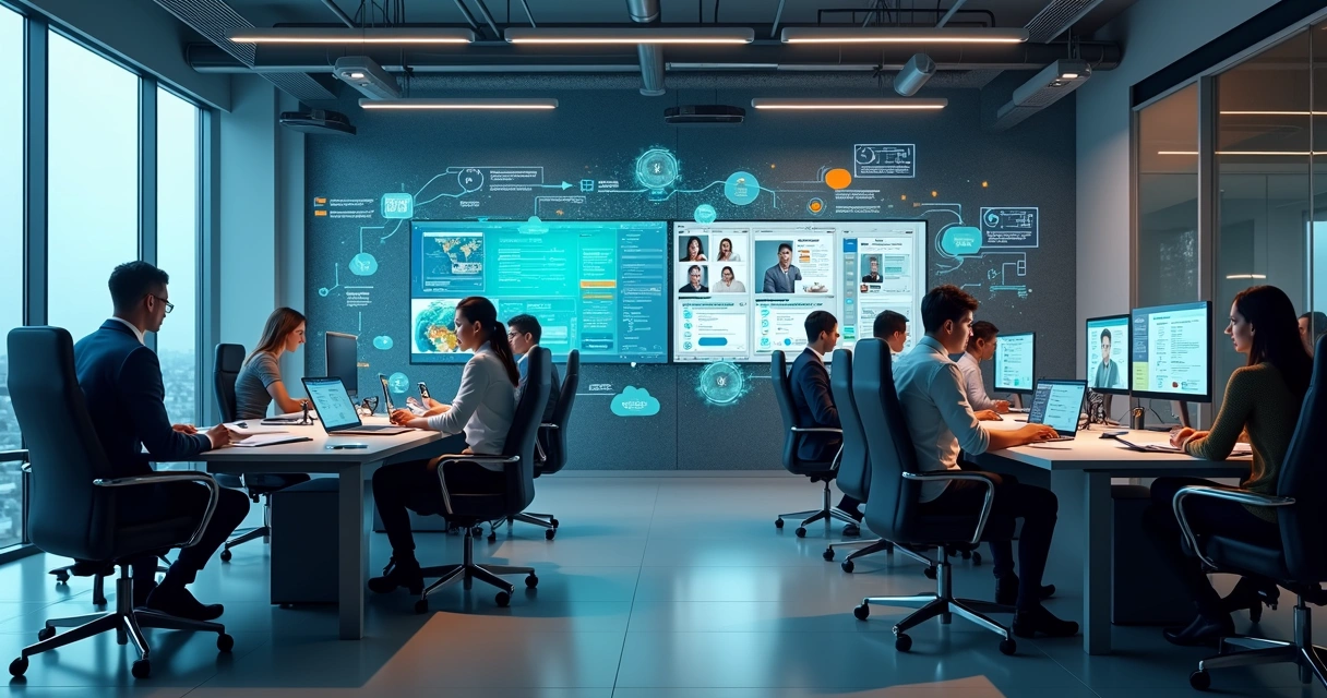 Comparação visual entre equipe interna de TI e outsourcing em ambiente corporativo moderno 