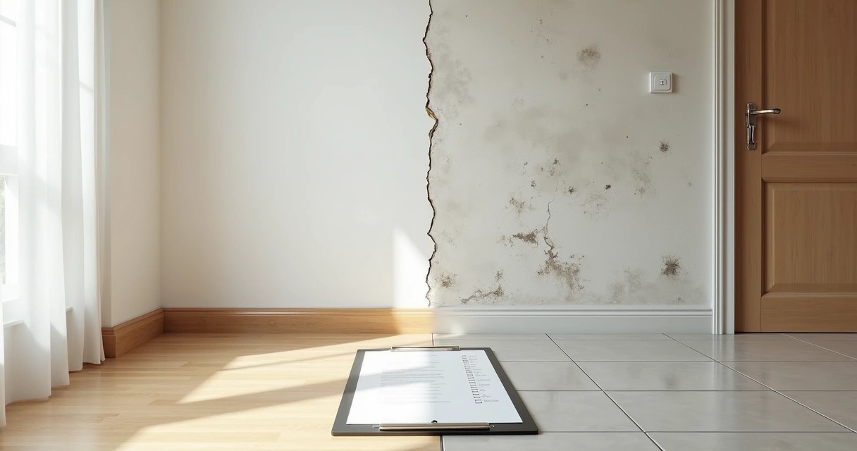 Parede e piso com sinais leves e danos visíveis em vistoria 