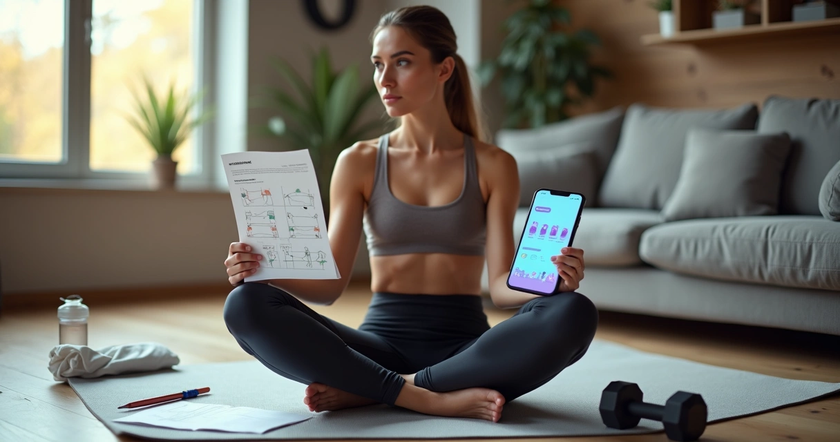Mulher comparando treino em PDF impresso e app de musculação no celular em sala moderna 