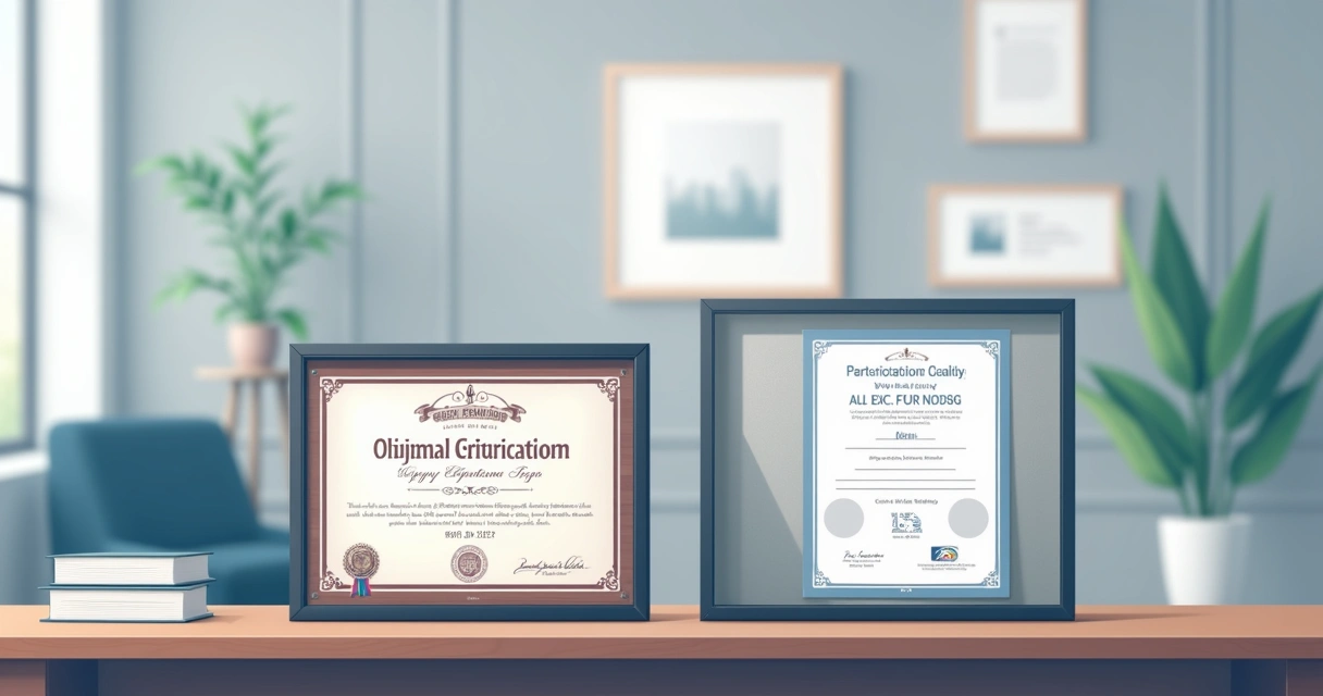 Diploma e certificado em aço lado a lado em mesa corporativa 