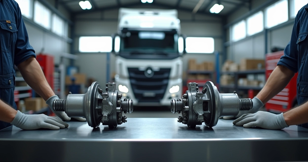 Mecânico comparando peça original e peça paralela de caminhão em bancada de oficina 