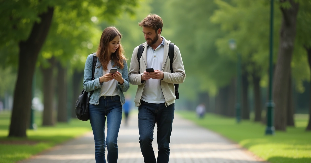 Duas pessoas caminhando lado a lado em um parque, olhando para celulares enquanto se observam discretamente 