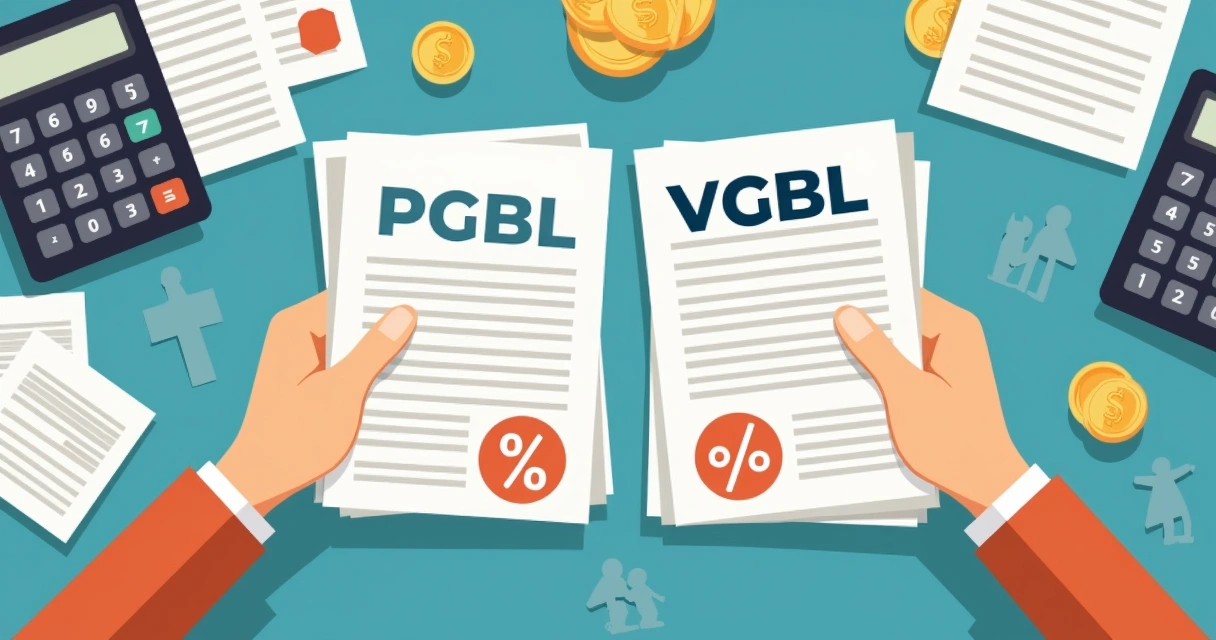 Ilustração de duas mãos segurando documentos representando PGBL e VGBL lado a lado, com cálculos e gráficos ao fundo; diferenciação fiscal e sucessória representada em destaque. 