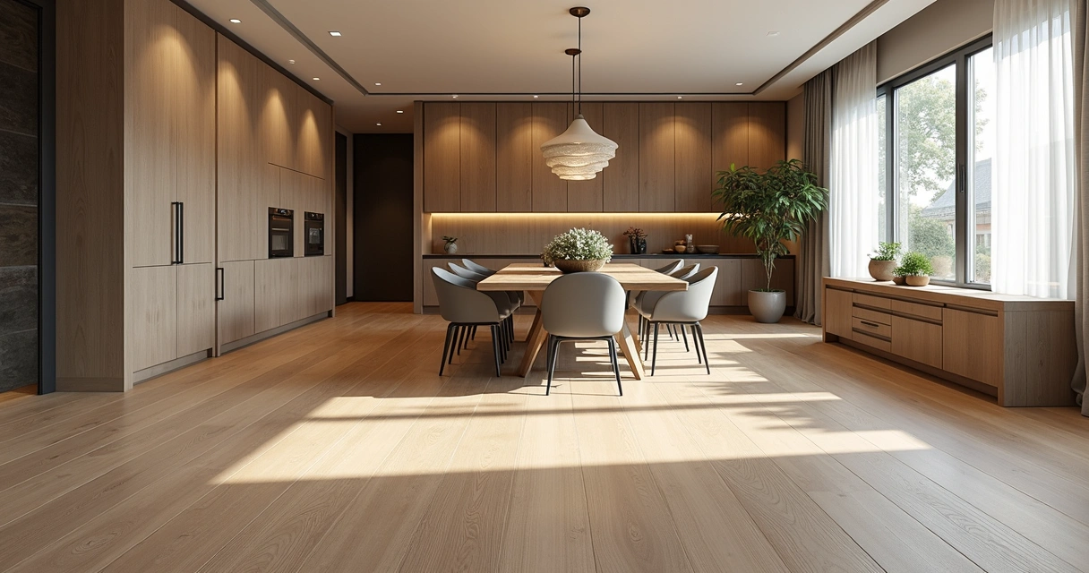 Comparação visual, laminado e porcelanato em sala de jantar ampla