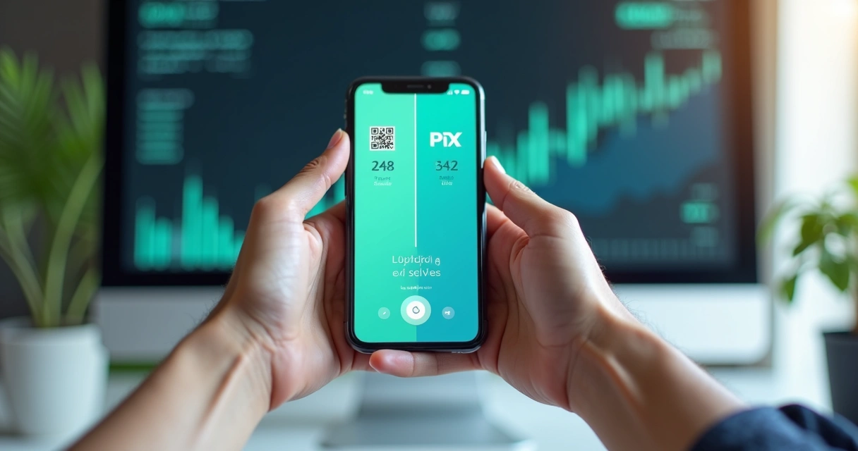 Tela de smartphone mostrando transações PIX e boleto com ícones financeiros ao fundo 