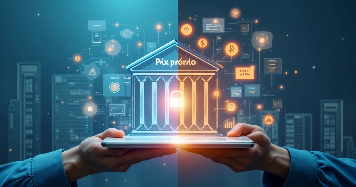 Ilustração detalhada mostrando comparação entre pix próprio e bolsão para empresas, com ícones de cifrões, cadeados e gráficos de segurança e custos 