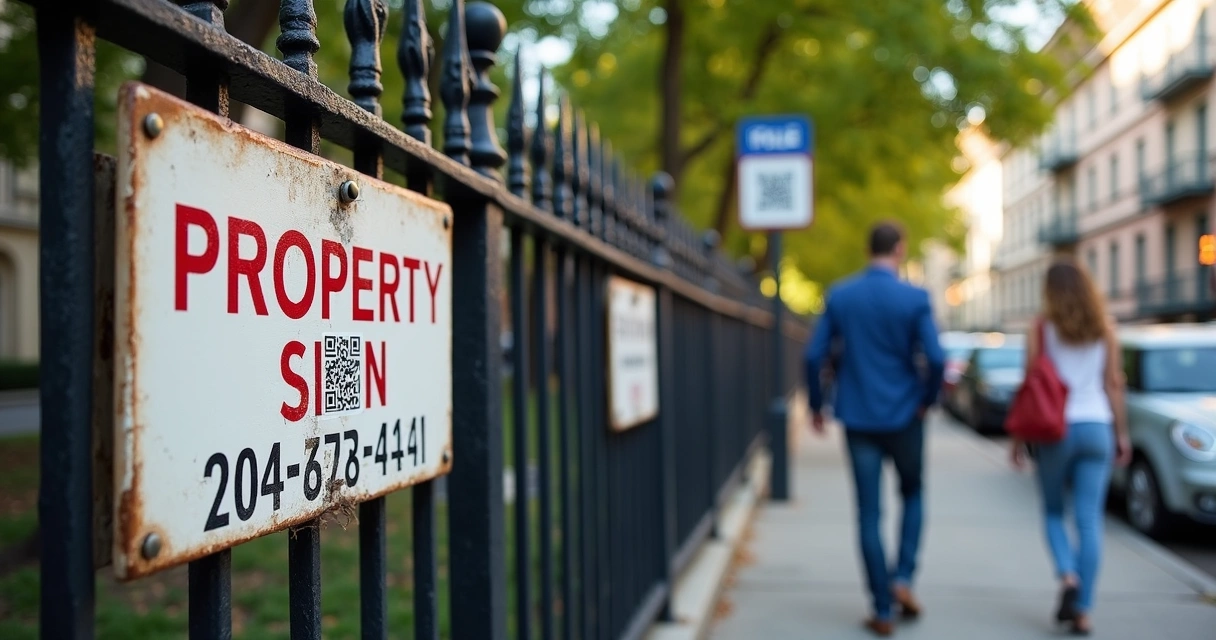 Placa tradicional e placa inteligente lado a lado em frente a um imóvel