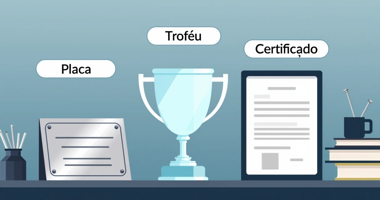Placa, troféu e certificado lado a lado sobre mesa corporativa 