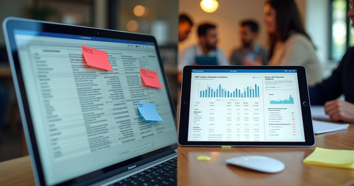 Mesa mostrando comparação visual de planilha e CRM de vendas lado a lado 