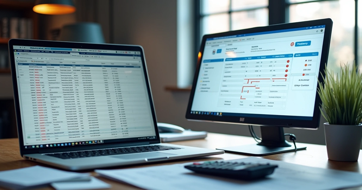 Tela dividida entre planilhas e ERP integrado