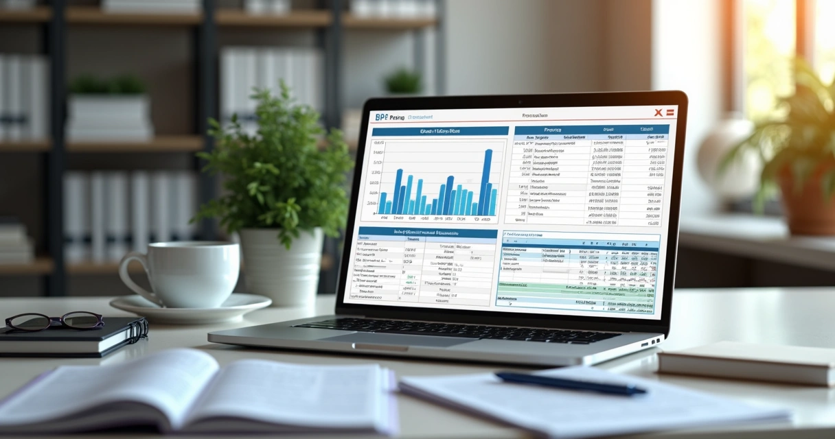 Mesa de escritório com computador exibindo software de precificação e planilha Excel aberta lado a lado 